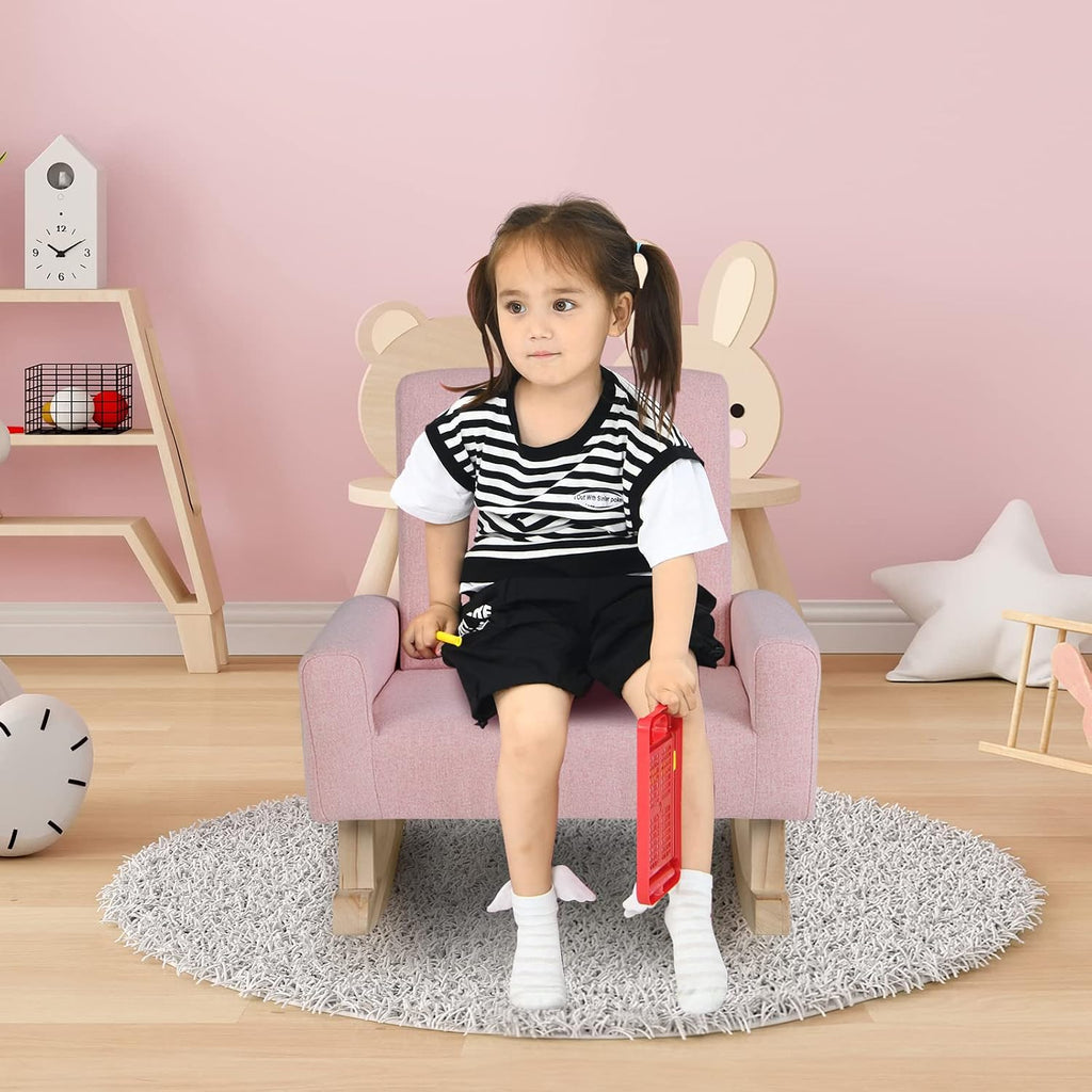 Toddler Rocking Chair, Kids Rocker Furniture with Comfy Thick Cushion & Solid Wood Base, Nursery Armchair Sofa for Bedroom, Baby Room, Suitable for 3-5 Years Old (Pink)