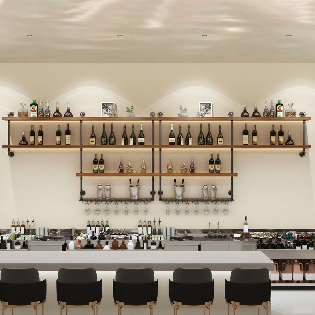 70.9in Large Wine Rack with LED Light, 4 Tiers Solid Wood Wall Mounted Wine Rack, Industrial Liquor Bottles Floating Shelves with Glass Holder for Home Bar/Dining Room (70.9in/180cm)