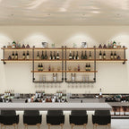 70.9in Large Wine Rack with LED Light, 4 Tiers Solid Wood Wall Mounted Wine Rack, Industrial Liquor Bottles Floating Shelves with Glass Holder for Home Bar/Dining Room (70.9in/180cm)