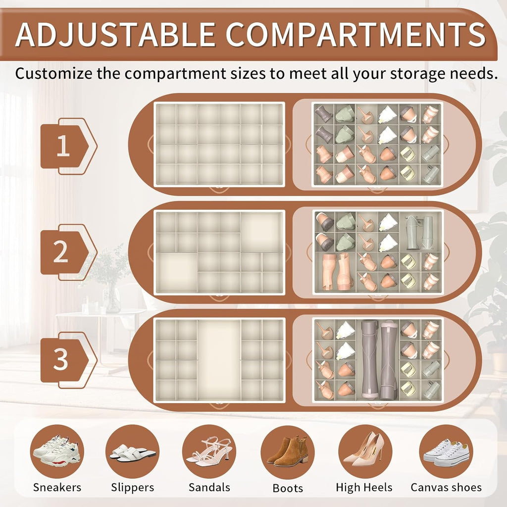 Shoe Organizer for Closet, 2 Pack Shoe Storage Organizer with Wheels and Adjustable Dividers, Stackable Shoe Storage Box with Clear Cover, Foldable Closet Shoe Organizer Fits up to 24-48 Pairs, Beige