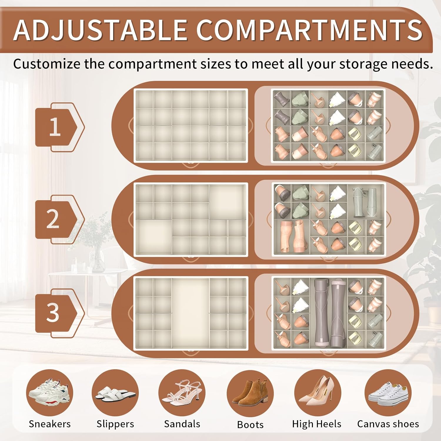 Shoe Organizer for Closet, 2 Pack Shoe Storage Organizer with Wheels and Adjustable Dividers, Stackable Shoe Storage Box with Clear Cover, Foldable Closet Shoe Organizer Fits up to 24-48 Pairs, Beige