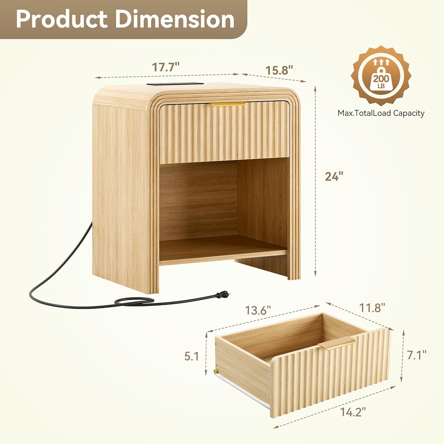 Decofy Fluted 1-Drawer Nightstand with Charging Station, Oak | Open Shelf, Gold Handles, Curved Profile, USB and Type C Ports, Wood Bedside Table for Bedroom Storage