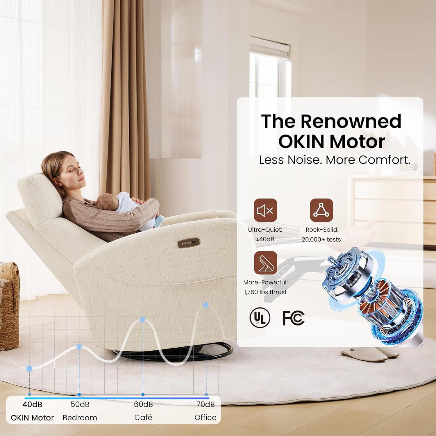 Power Recliner Chair Swivel Glider, Swivel Nursery Glider Recliner, Nursery Rocking Chair with Adjustable Headrest, Nursery Glider Recliner with USB & Type-C Charging Ports, OEKO-TEX Fabric, Beige