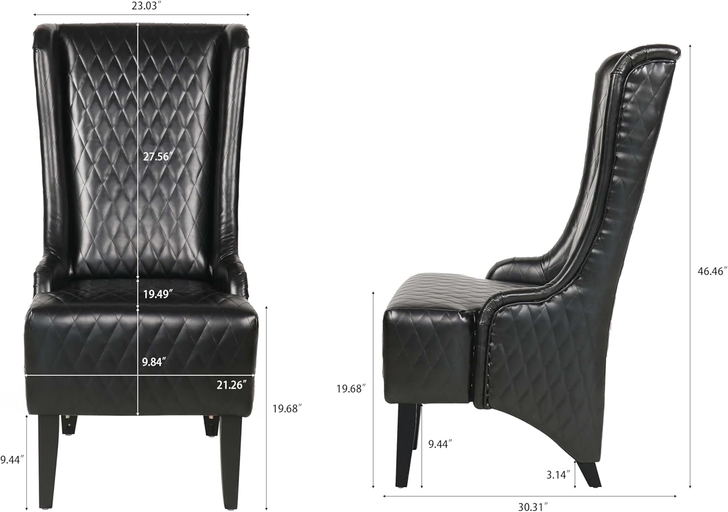 High Back Dining Chair, Retro Wing Back King Throne Chair Head Chairs for Dining Table, PU Leather Upholstered Accent Side Chairs for Living Room Dining Room Bedroom (Black)