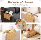 Bamboo Couch Arm Tray Table with Built-in Cup Holder, Foldable Anti-Slip Sofa Armrest Table for Drinks, Phone & Remote, Fits 4.7–16.9 in Armrests, Holds Cups up to 3.5 in Diameter (Bamboo)