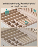 SONGMICS 2-Layer Jewelry Box Organizer, Jewelry Storage Case with Removable Tray and Handle, for Necklaces, Earrings, Rings, Bracelets, 6.7 x 8.1 x 3.7 Inches, Gift Idea, Cream White UJBC208WD01
