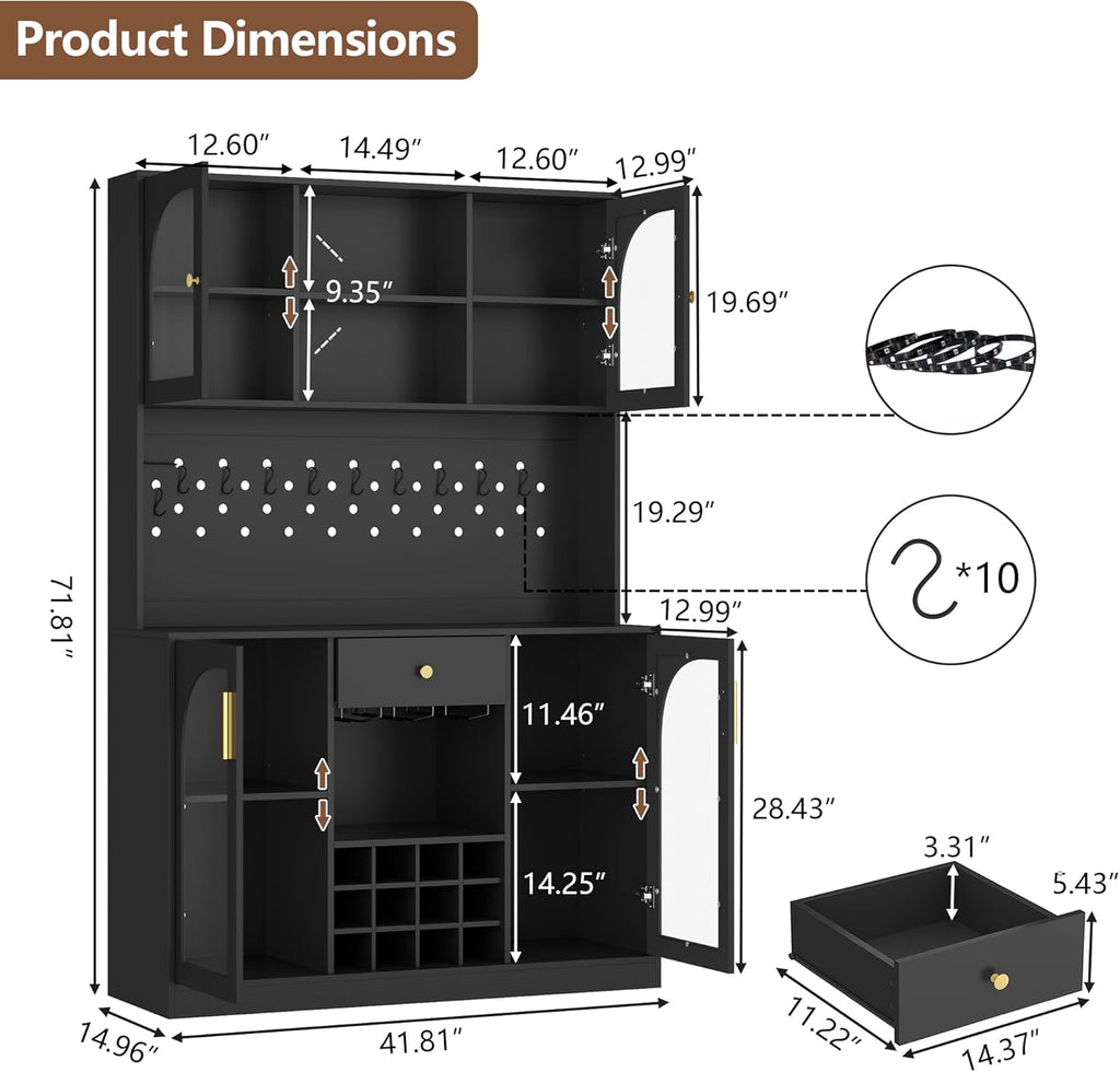 72" Tall Wine Bar Cabinet with LED Lights, Coffee Bar Cabinet with Storage Drawer & Hutch & Pegboard, Modern Liquor Cabinets with 9-grid Wine & Glass Racks,Pantry Cabinet for Kitchen,Living Room,Black