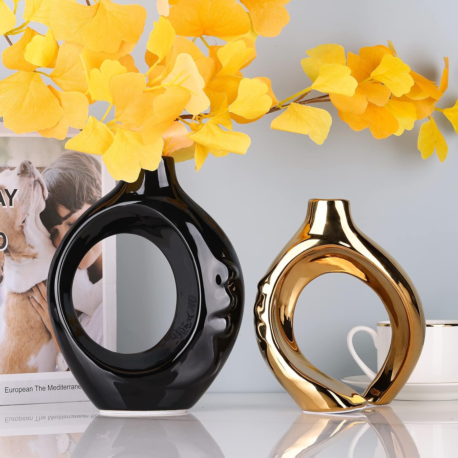 Black Gold Ceramic Vase Set of 2 for Modern Home Decor,Round Boho Vase for Pampas Grass,Neutral Minimalist Statue for Dining Room Table Centerpiece Dining Room,Wedding Table Decoration