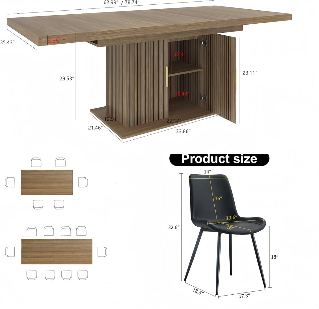 Extendable Dining Table Set for 6, 63-79 Inch Brown Kitchen Table Set with 8 Black Linen-Cotton Chairs with Walnut Metal Legs,Wood Storage (Table + Black Chairs, 1 Table + 6 Chairs)