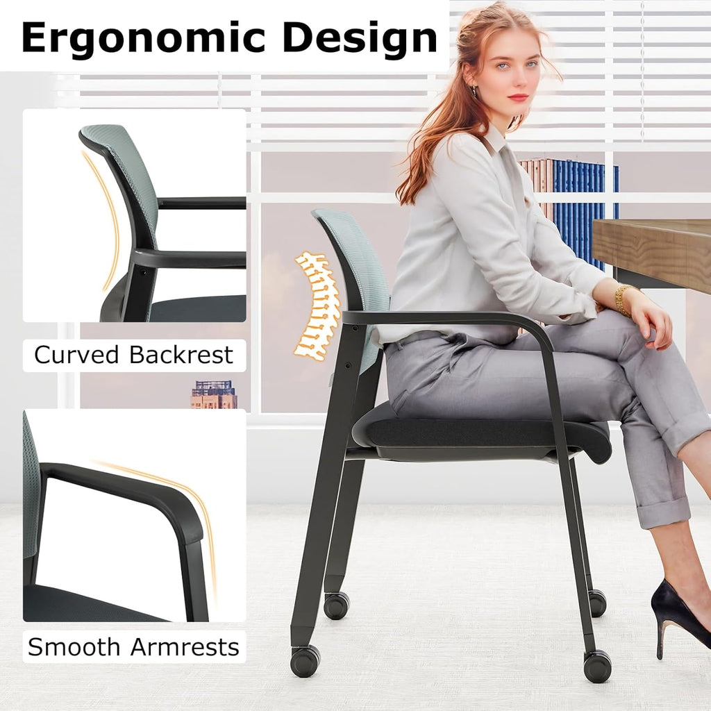Giantex 10-Pack Waiting Room Chair Set, Rolling Office Desk Chairs with PU Wheels, Armrests, Stackable Guest Chair for Office, School, Lobby,Reception, Conference, Grey