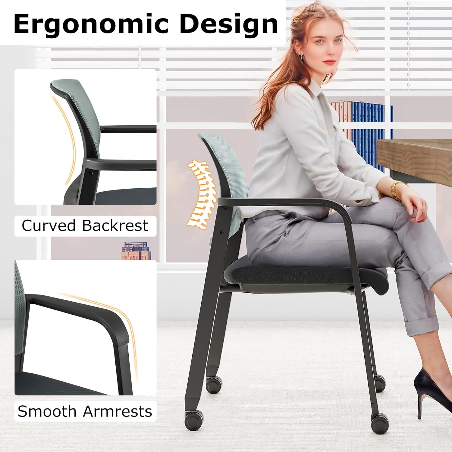 Giantex 10-Pack Waiting Room Chair Set, Rolling Office Desk Chairs with PU Wheels, Armrests, Stackable Guest Chair for Office, School, Lobby,Reception, Conference, Grey