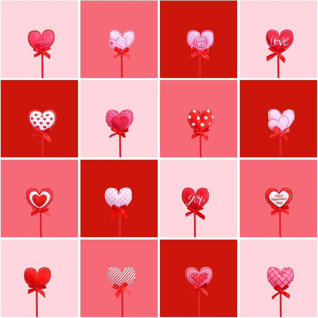 16 Pcs Valentines Day Tree Decor Heart Floral Picks 12" 3D Wooden Valentines Foam Heart Stems Plush Sticks Galentines Decorations for Flower Arrangement Wedding Table Centerpiece Vase Filler Home