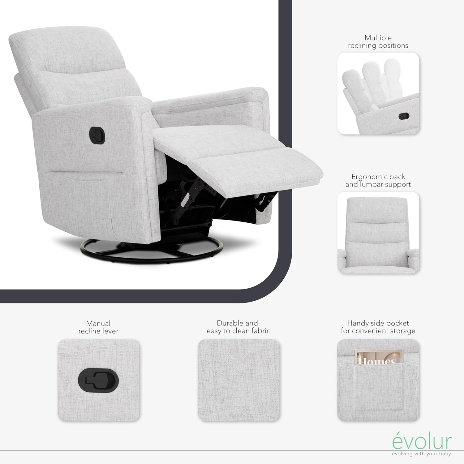 Evolur Peyton Manual Glider Recliner – Fog Grey, Rocking & 360° Swivel with Smooth Glide – GREENGUARD Gold & FSC Certified – Modern Nursery and Living Room Chair