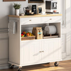 knoworld Rolling Kitchen Island with Storage Cabinet, 35.4'' Width Kitchen Cart, 2 Drawers Island Table, Portable Mobile Kitchen Island with Towel Rack, Wood Top and Lockable Wheels, White