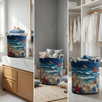 Quilted Laundry Basket with Handles Boho Fabric Storage Hamper Large Foldable Soft Storage Baskets Lightweight Multi-functional Organizer for Nursery Laundry Room Dirty Clothes Toys (Ocean)