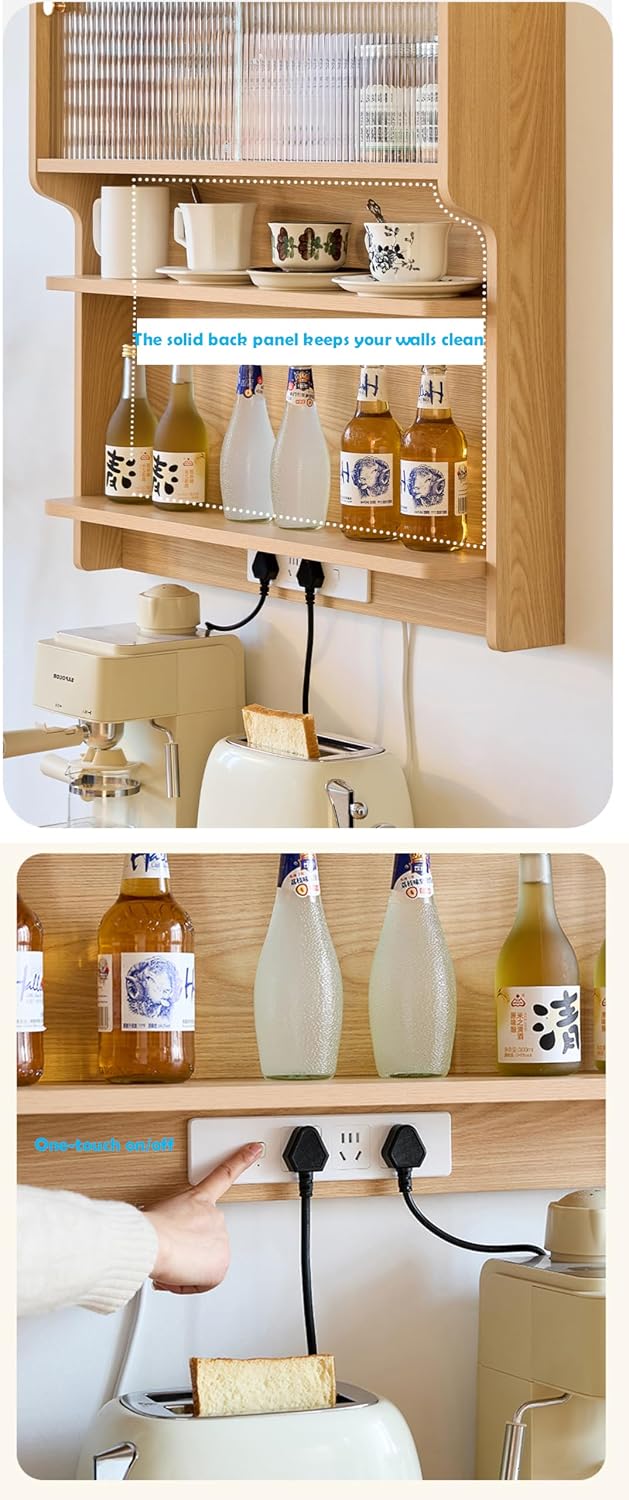 Wood Wall Mounted Pantry Cabinet with Doors, 4-Tier Kitchen Cabinet & Coffee Bar Storage for Dining Room, Living Room