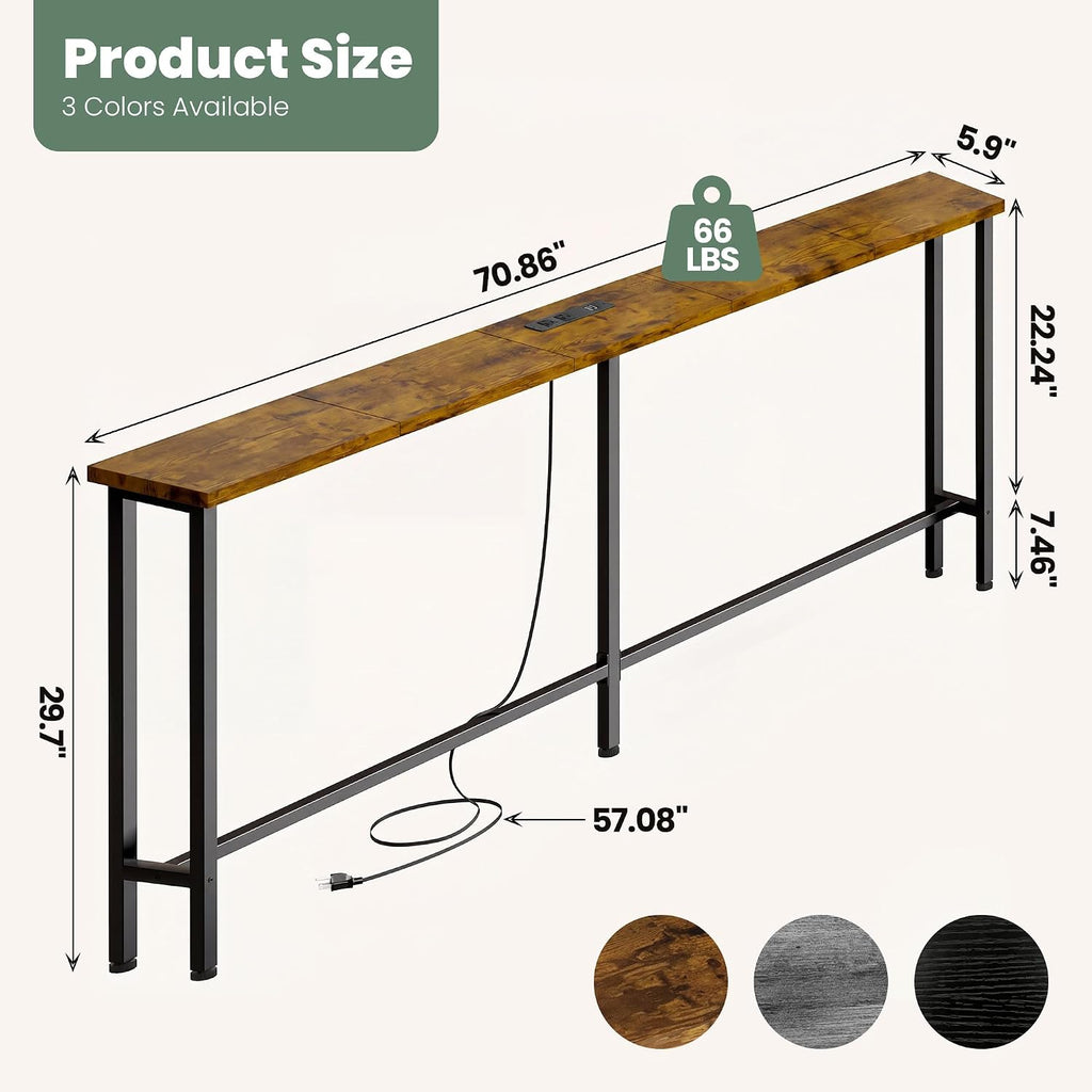 GRLEAF 70" Sofa Table with Built-in Power Strip (2 AC Outlets & 2 USB Ports) – 4.9ft Power Cord, Metal Frame, Easy Assembly, Long Couch Table Behind Sofa, Living Room and Home Office | Rustic Brown