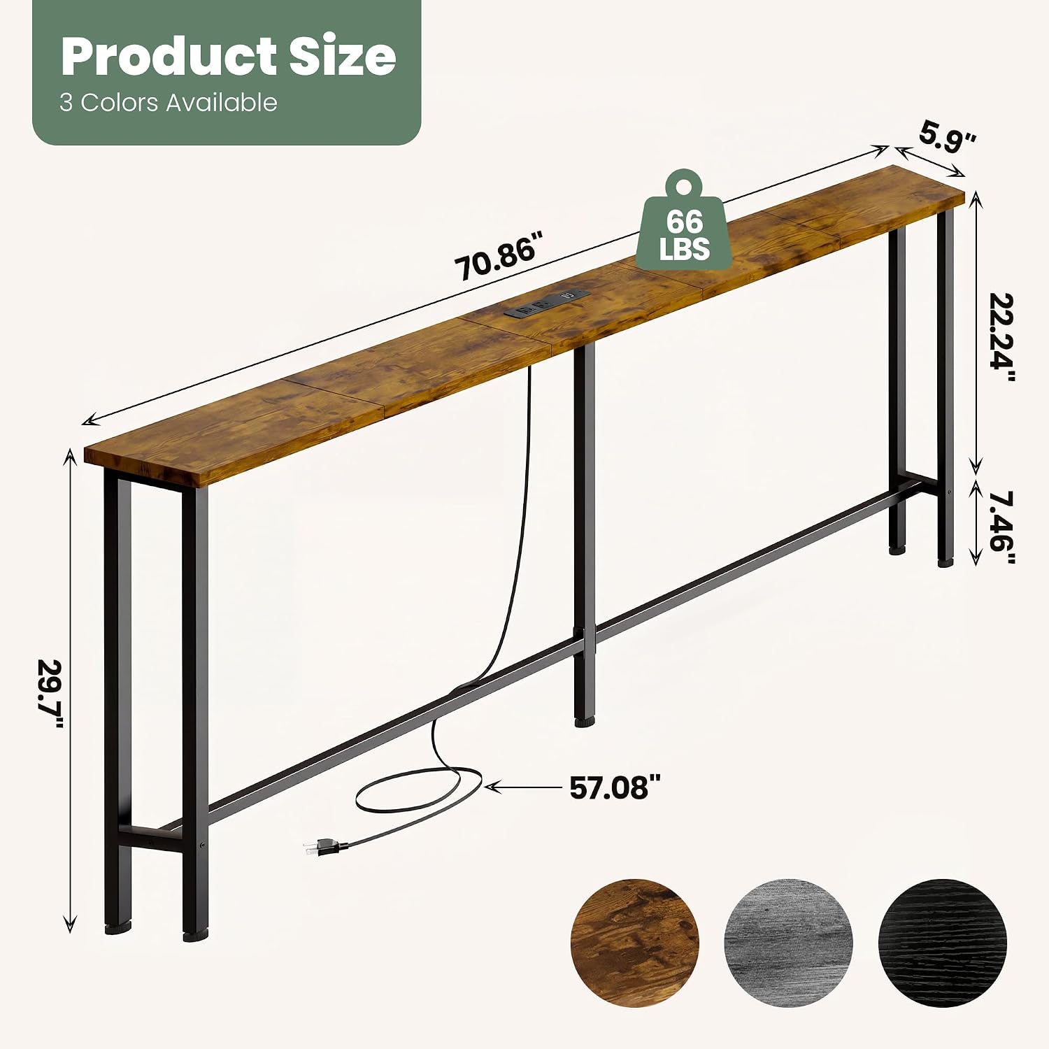 GRLEAF 70" Sofa Table with Built-in Power Strip (2 AC Outlets & 2 USB Ports) – 4.9ft Power Cord, Metal Frame, Easy Assembly, Long Couch Table Behind Sofa, Living Room and Home Office | Rustic Brown