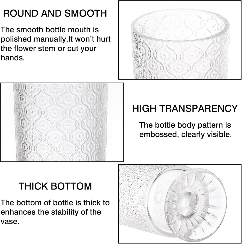 Fixwal Vases for Flowers Set of 3 Vintage Glass Vase for Centerpieces, Embossed Base Vases for Wedding Decoration (H:7" D:4"), Ribbed Glass Containers for Organization for Home Decor