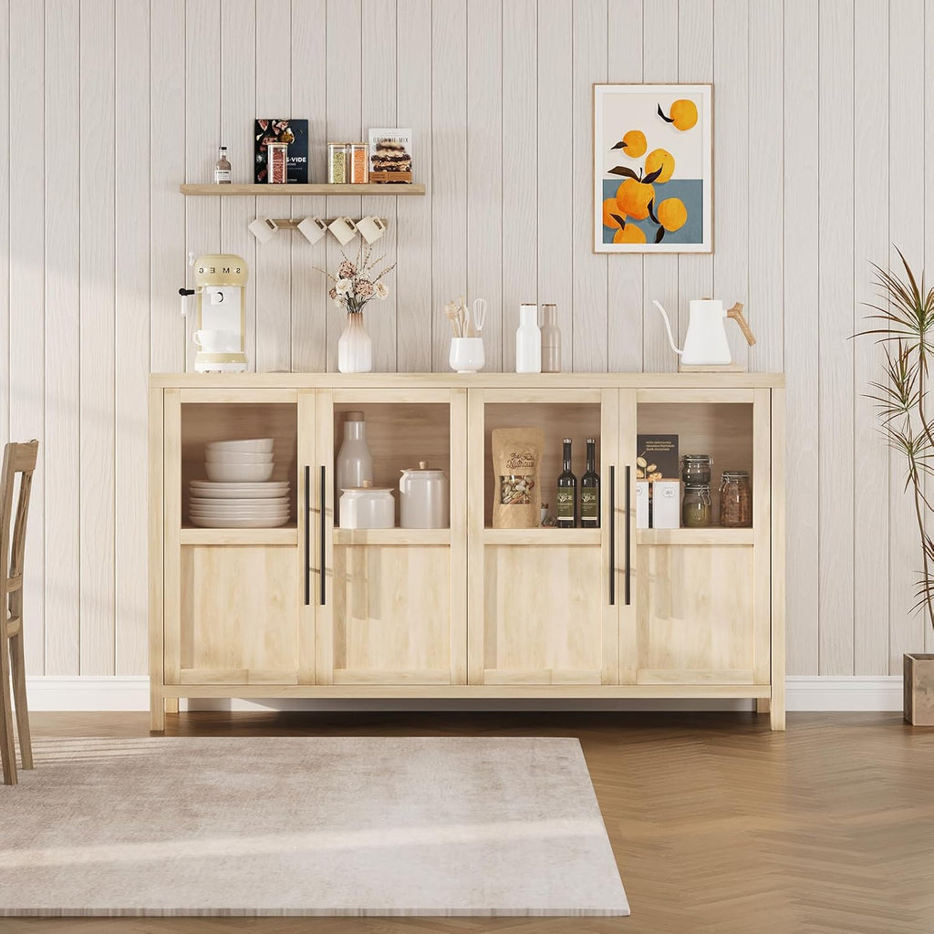 GarveeHome Sideboard Buffet Cabinet with 4 Glass Doors, 55 in Buffet Table Coffee Bar Wine Bar Display Cabinet for Kitchen Dining Room, Living Room (Glass with 4 Doors, Natrual)
