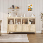 GarveeHome Sideboard Buffet Cabinet with 4 Glass Doors, 55 in Buffet Table Coffee Bar Wine Bar Display Cabinet for Kitchen Dining Room, Living Room (Glass with 4 Doors, Natrual)