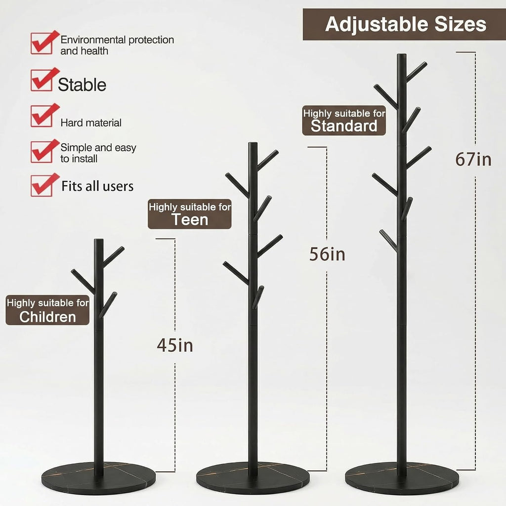 Coat Rack Freestanding with 7 Hooks Modern Hall Tree 3 Adjustable Height | Heavy Duty Metal Clothes Hook Stand with Base for Entryway Bedroom Office for Coats Hats Bags and Purses, Black