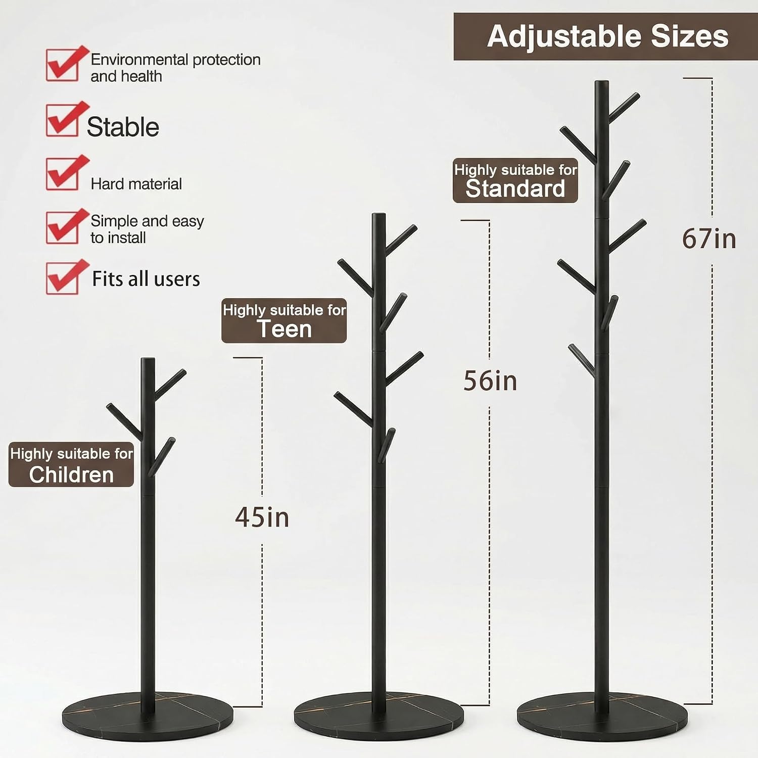 Coat Rack Freestanding with 7 Hooks Modern Hall Tree 3 Adjustable Height | Heavy Duty Metal Clothes Hook Stand with Base for Entryway Bedroom Office for Coats Hats Bags and Purses, Black