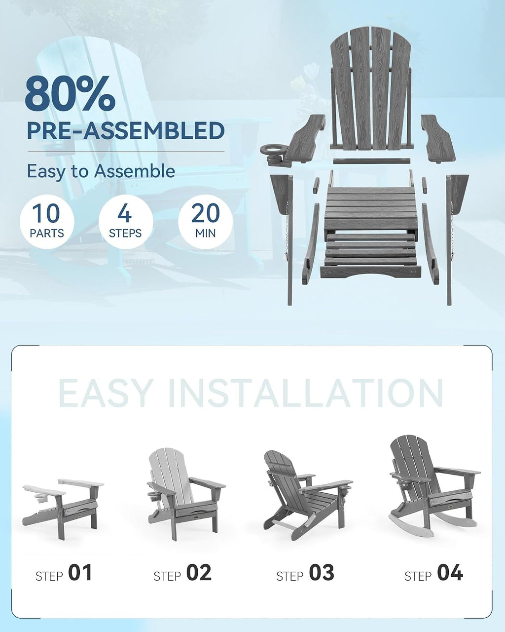 Adirondack Rocking Chair with Retractable Ottoman and Cup Holders, HDPE Adirondack 4-in-1 Multifunctional Rocker Patio Rocking Chair for Porch, Patio, Balcony, Leaden,Grey