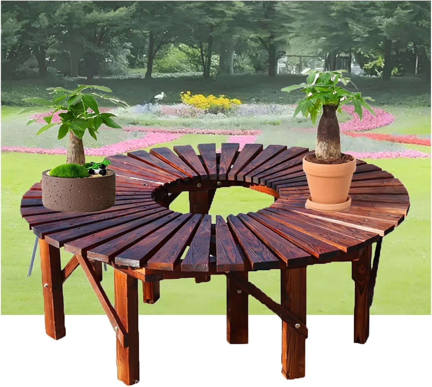 2 Pieces Semicircular Design Outdoor Benches,Garden Tree Bench Wrap Around Wooden Benches Seater,for Garden,Lawn,Patio,Backyard