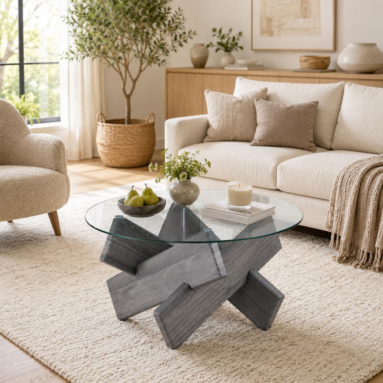 Round Glass Top Coffee Tables, 33.4 Inch Gray Coffee Table with Crossed Legs, Modern Mid Century Round Coffee Tables for Living Room, Circle Glass Coffee Tables for Living Room