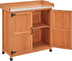 Topeakmart Potting Bench Table - Wooden Storage Cabinet with Removable Shelf & Flexible Space & Metal-Plated Tabletop for Outdoor Garden Patio,Brown