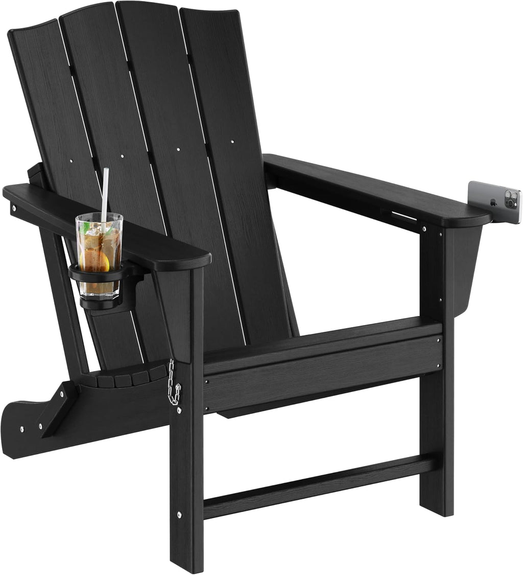 Yaheetech Folding Adirondack Chair Outdoor, HDPE Plastic Adirondack Chair with Cup/Mobile Phone Holder for Deck, Patio, Pool, Backyard, Weather Resistant, Wooden Texture, Easy Assembly Black