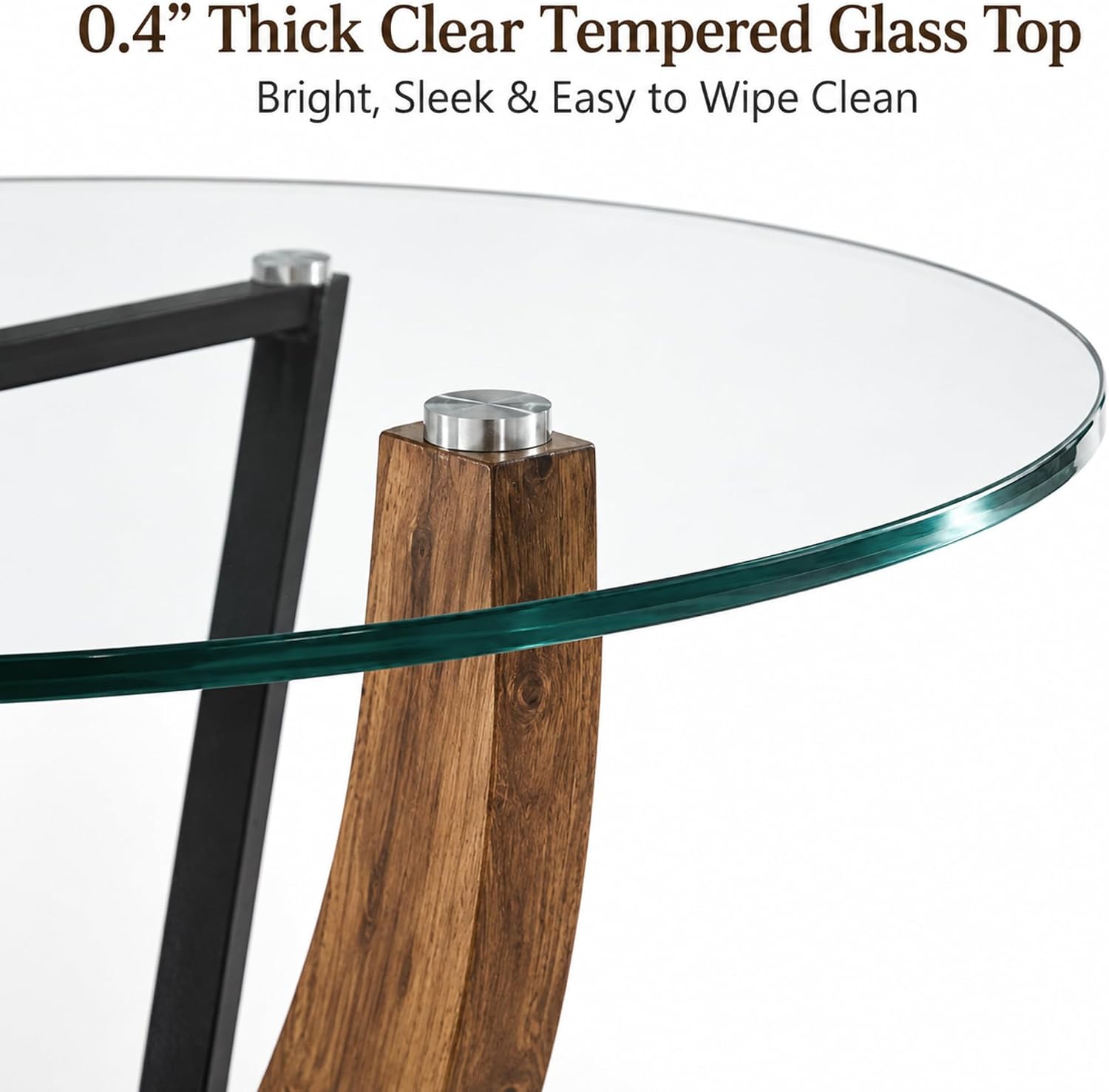 5-Piece Round Glass Dining Table Set for 4, 48” Modern Dining Room Table with Wood Grain Base, Brown Suede Upholstered Chairs with Black Metal Legs for Kitchen, Apartment, Breakfast Nook