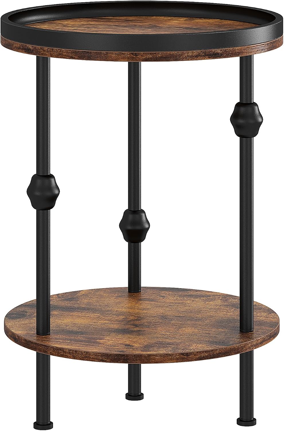Farmhouse Round Side Table with Storage Shelf,2 Tier End Table with Raised Edge Tray Top,Accent Sofa Table for Small Space,Living Room,Bedroom,Rustic Brown