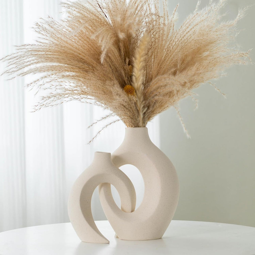 Liotww Ceramic Vases for Home Decor Set of 2, Off White Boho Small Flower Vase, Minimalist Decorative Modern Donut Vase for Living Dining Room Office Entryway Book Shelf Coffee Console Table Décor