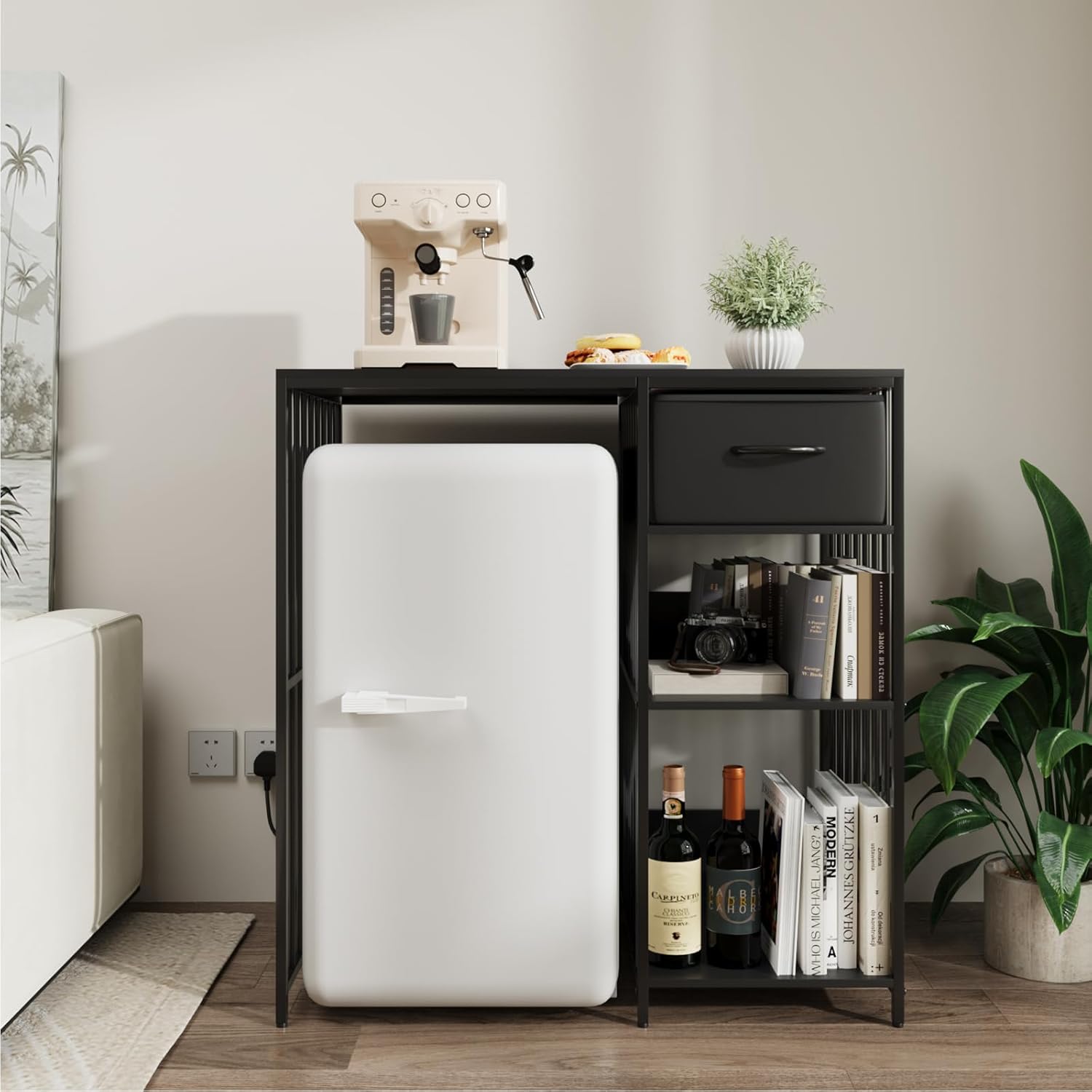 VOWNER Mini Fridge Cabinet with Power Outlet, 3-Tier Industrial Style Kitchen Microwave Stand Baker Rack with Drawer, Utility Storage Shelf for Home Kitchen Dorm Office, Black, 35" Lx22 Wx37 H