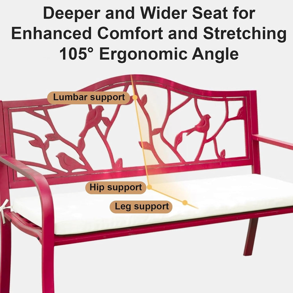 Pink Outdoor Bench with Bird & Branch Design Weather Resistant Garden Bench, Patio Loveseat with Ergonomic Backrest