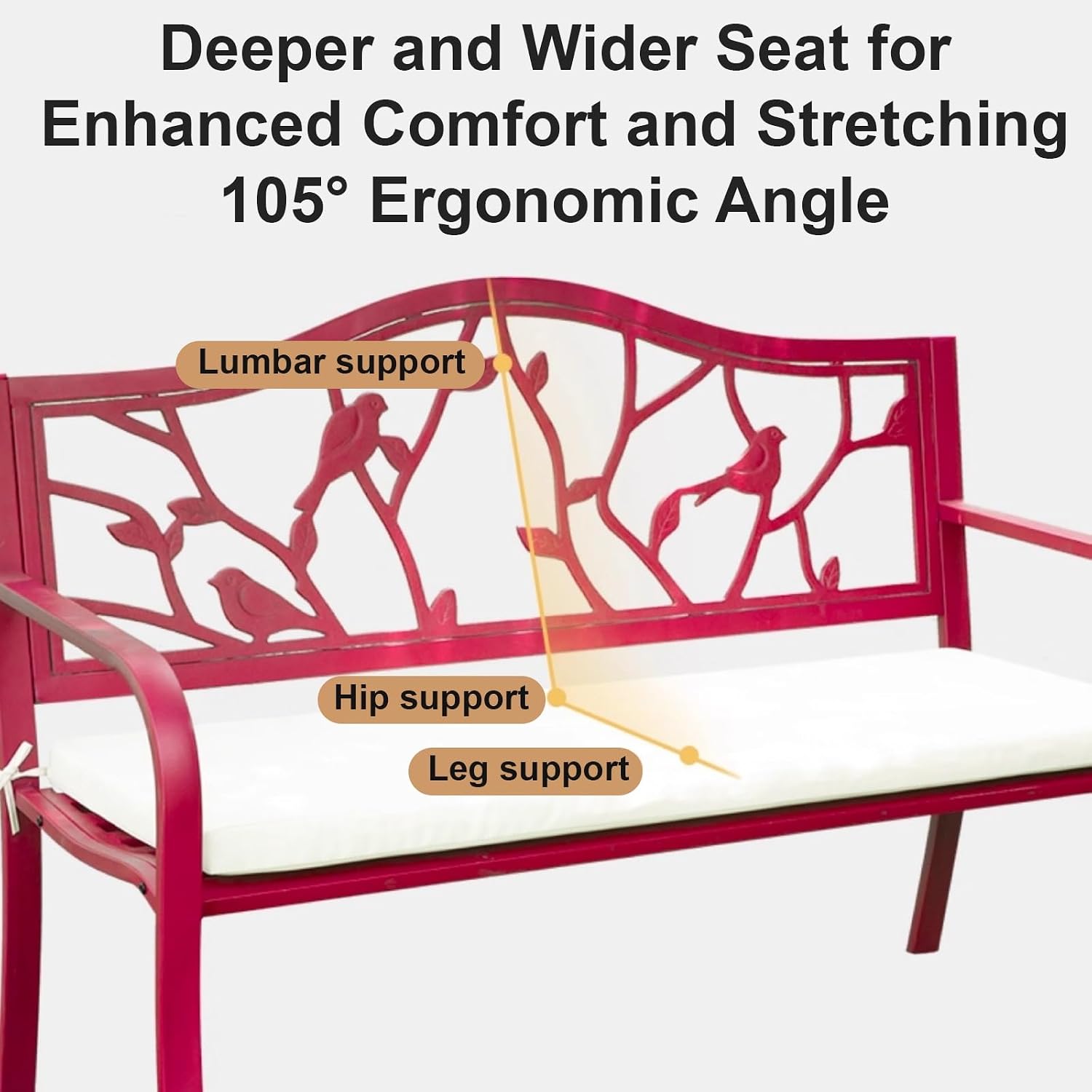 Pink Outdoor Bench with Bird & Branch Design Weather Resistant Garden Bench, Patio Loveseat with Ergonomic Backrest