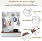 Merax Wood Hall Tree with 6 Hooks & Entryway Bench, Farmhouse Mudroom Versatile Coat Racks with 2 Large Drawers, Entrance Organizer for Hallway, White