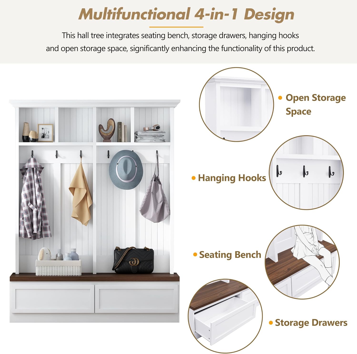 Merax Wood Hall Tree with 6 Hooks & Entryway Bench, Farmhouse Mudroom Versatile Coat Racks with 2 Large Drawers, Entrance Organizer for Hallway, White