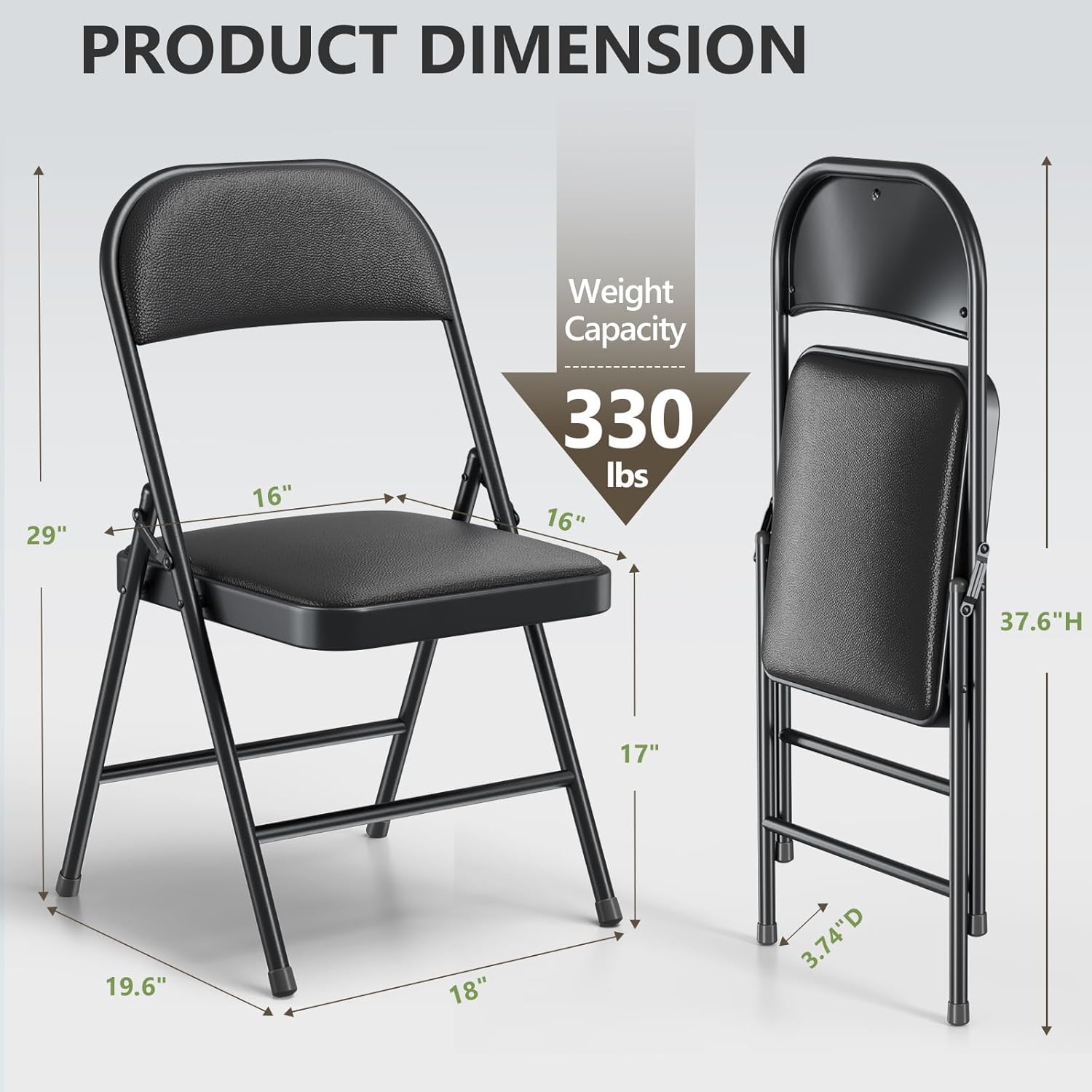 Folding Chairs 2 Pack, PU Leather Padded Folding Chairs for Outside and Indoor, Heavy Duty Portable Foldable Metal Commercial Seat for Home Office, Dorm, Party, Backyard, Lawn, Patio, Black