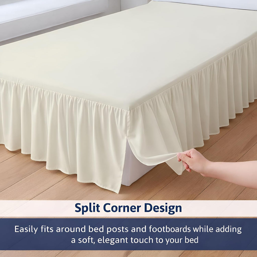 King Size Ruffled Bed Skirt - 16 inch Drop Dust Ruffle Bedskirt with Split Corners, Easy Fit Platform Design Bed Skirts, Three-Sided Coverage, Microfiber Bedskirts, Ivory