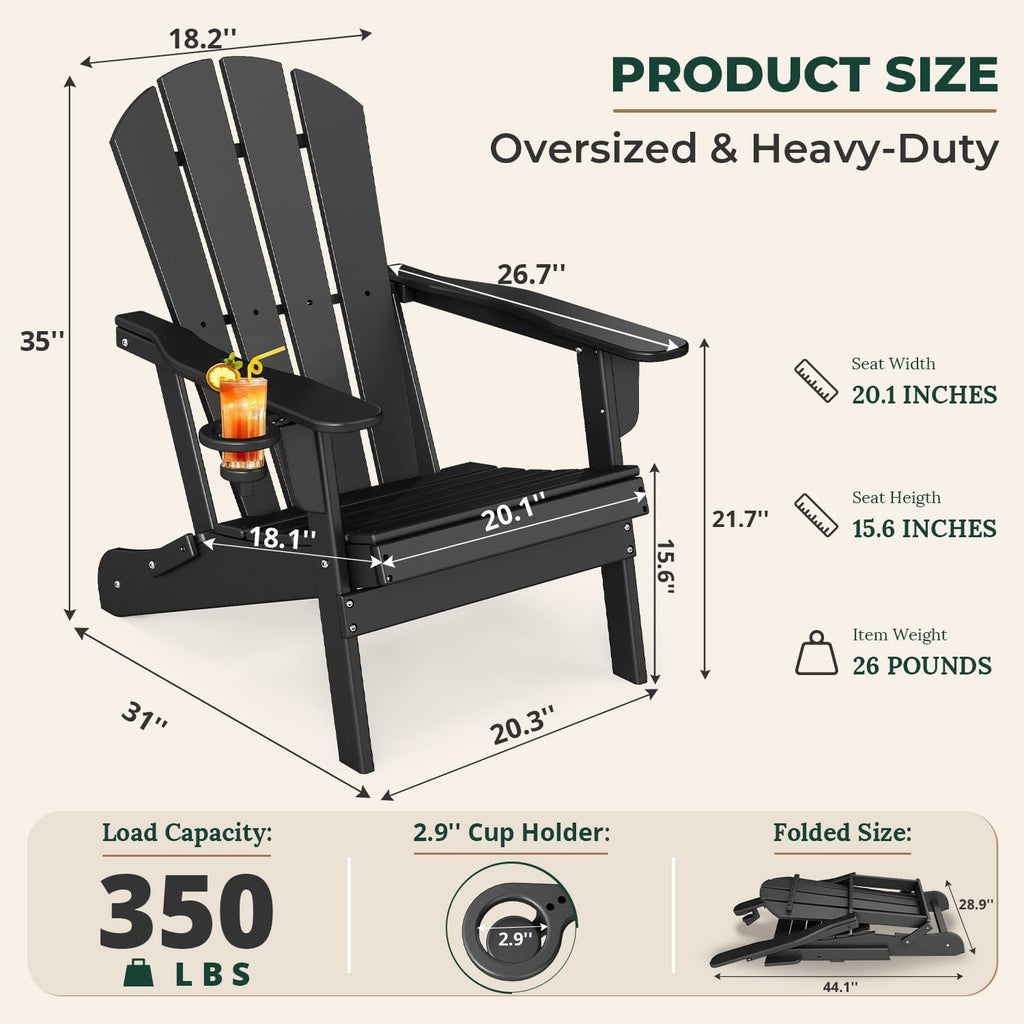 BRIOPAWS Folding-Adirondack-Chairs Set of 2 | HDPE Plastic | Fire Pit Chair | Cup Holder | Curved Back | All Weather| for Outdoor Backyard Deck Patio | Black
