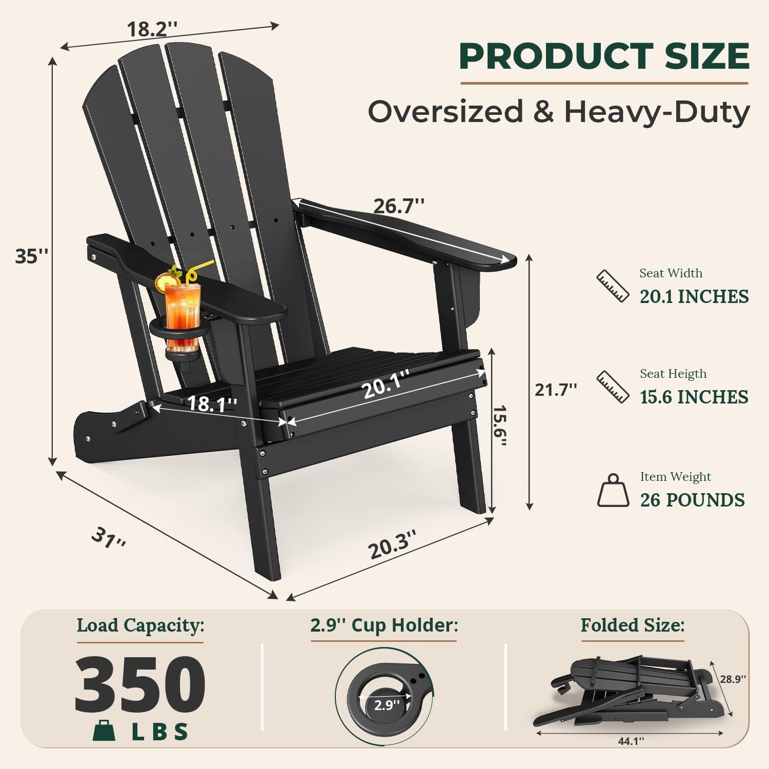 BRIOPAWS Folding-Adirondack-Chairs Set of 2 | HDPE Plastic | Fire Pit Chair | Cup Holder | Curved Back | All Weather| for Outdoor Backyard Deck Patio | Black