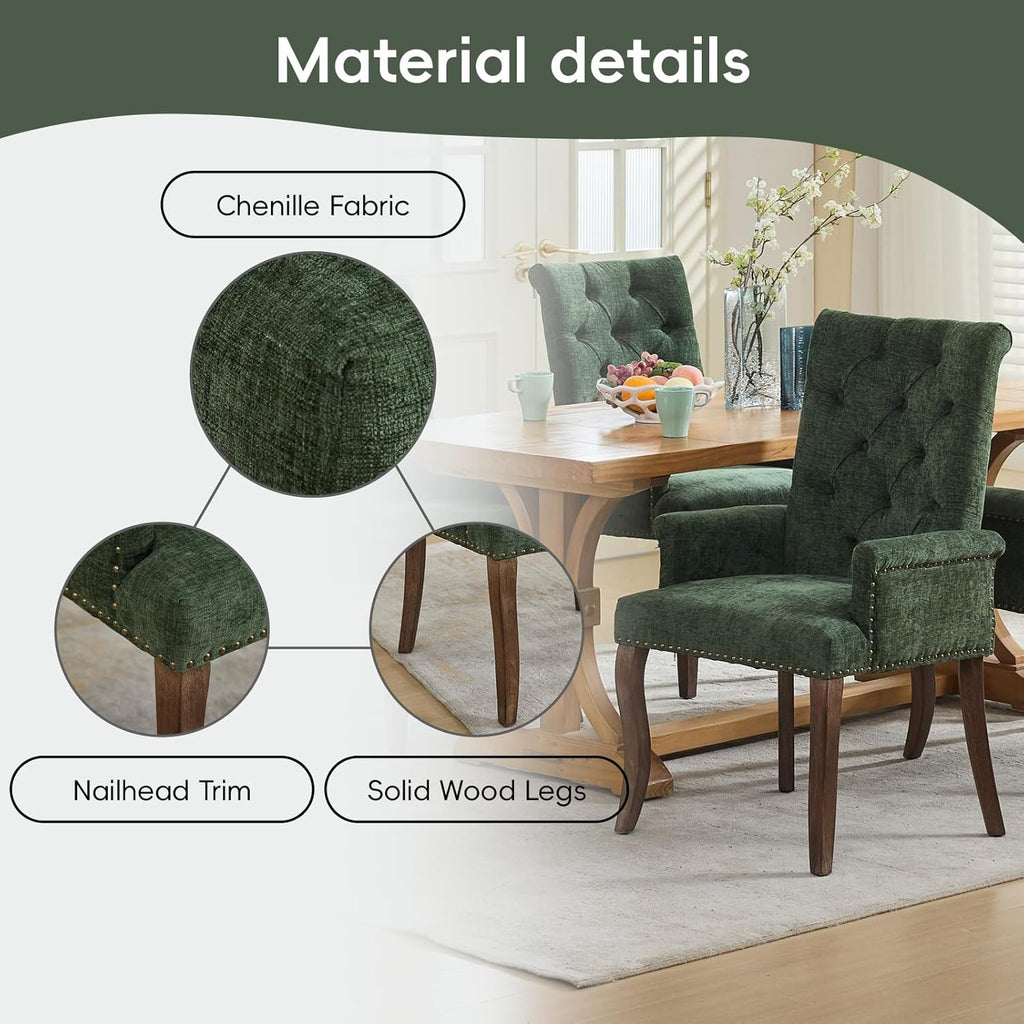 Upholstered Tufted Chenille Dining Chairs with Arms & Nailhead Trim – Solid Wood Frame & Legs, Modern Farmhouse for Dining, Kitchen & Living Room (Set of 2, Olive Green)