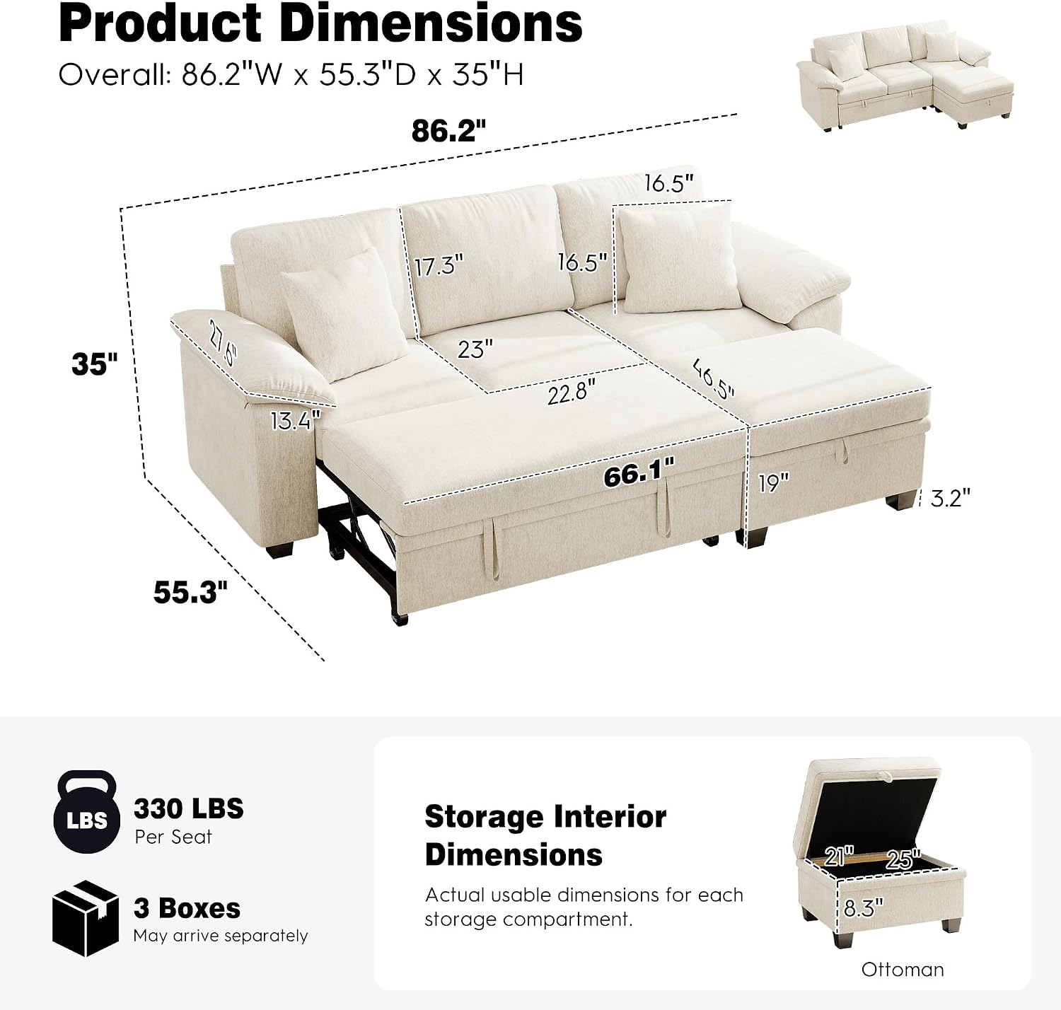 Ihanherry 86" Modular Sectional Sofa with Pull Out Bed, 4-Seater L Shaped Sectional Sleeper Couch with Storage Ottoman, Chenille Convertible Couches for Living Room, Apartment (Beige)