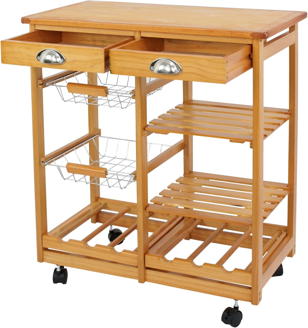Nova Microdermabrasion Kitchen Island Cart with Storage, Rolling Side Table on Wheels with 2 Drawers, 3 Shelves, Lockable Casters for Dining Room, Bar