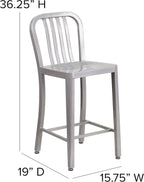 Flash Furniture Gael Commercial Grade 2 Pack 24" High Silver Metal Indoor-Outdoor Counter Height Stool with Vertical Slat Back