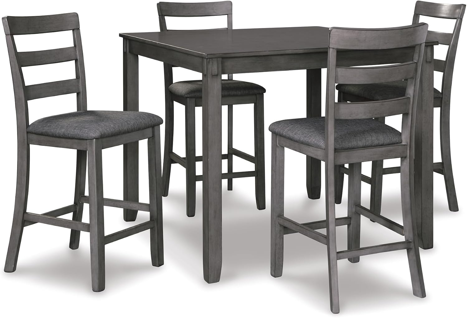 Signature Design by Ashley 5-Piece Square Counter Height Dining Set, Gray | Textured gray polyester fabric with wood, veneer and engineered wood, Small kitchen table for 4, Bridson Series