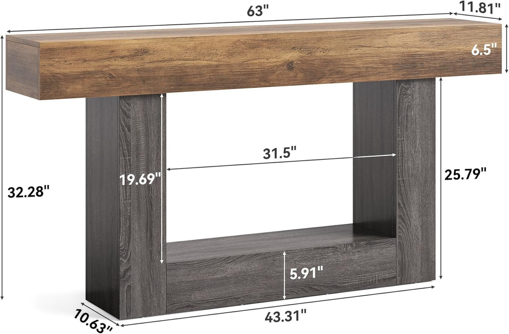 LITTLE TREE 63 Inches Long Console Table, 2-Tier Farmhouse Sofa Table Behind Couch, Large Narrow Entryway Table for Living Room, Wooden Hallway Foyer Table with Heavy Duty Base, Rustic Brown and Grey